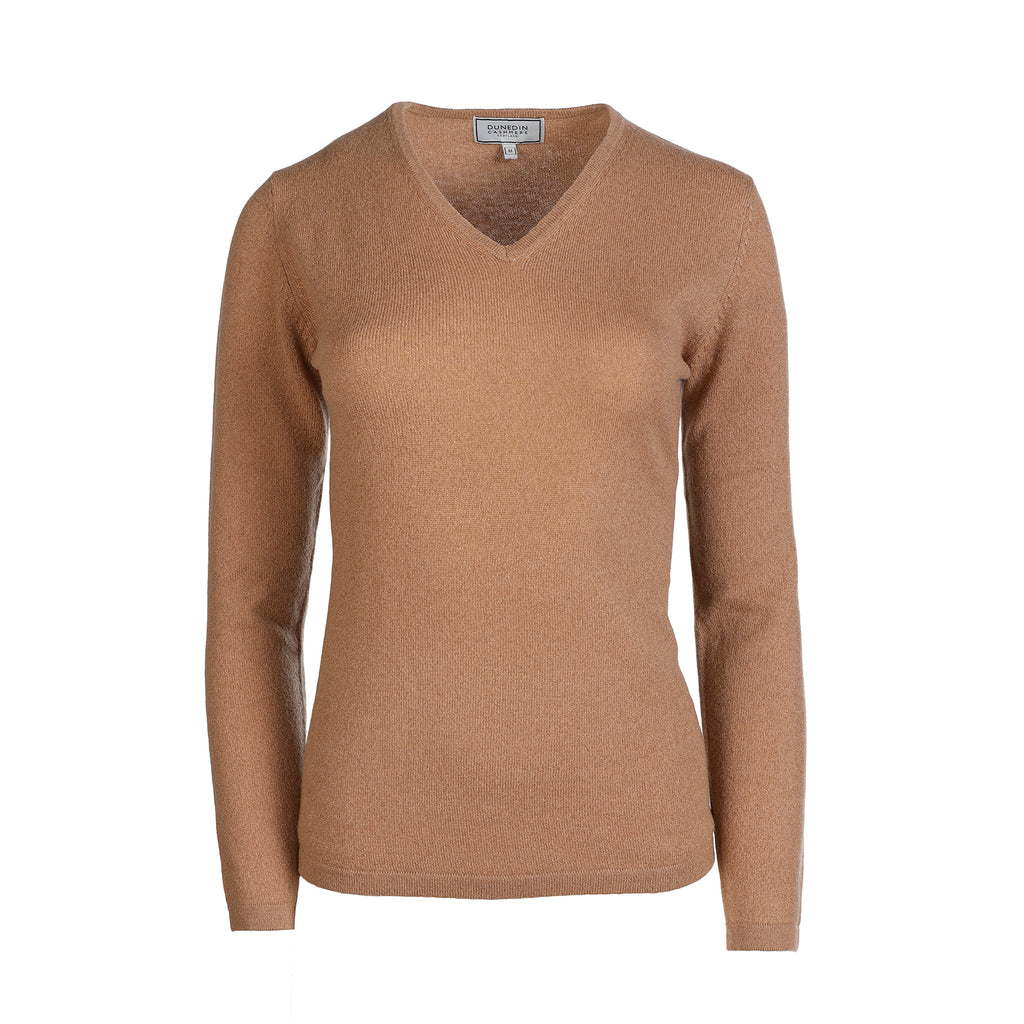 100% Cashmere Ladies V Neck Jumper Camel Heritage of Scotland