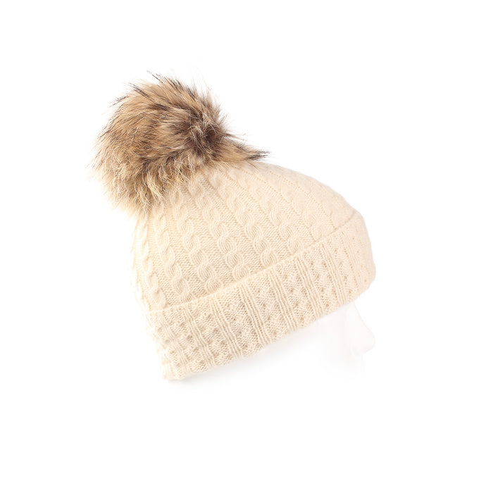 Women's Cable Cashmere Pom Pom Hat  Optical White