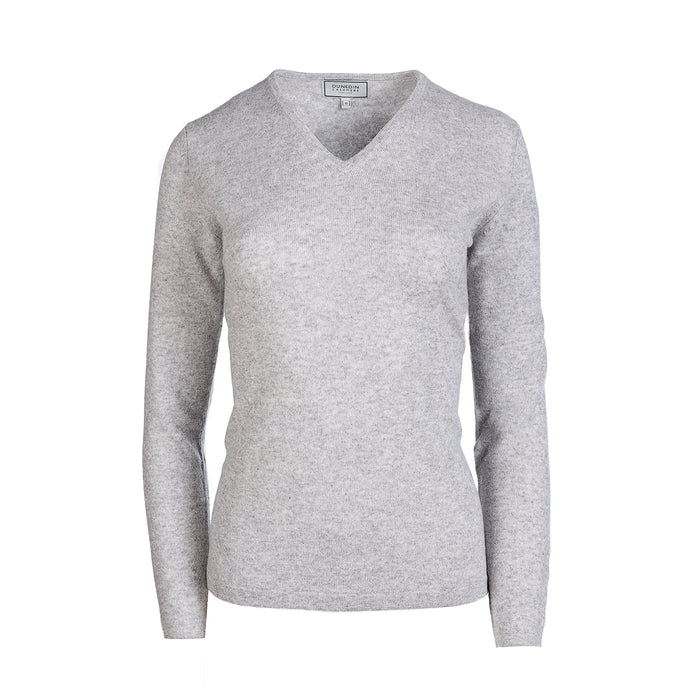 100% Cashmere Ladies V Neck Jumper Silver Clay