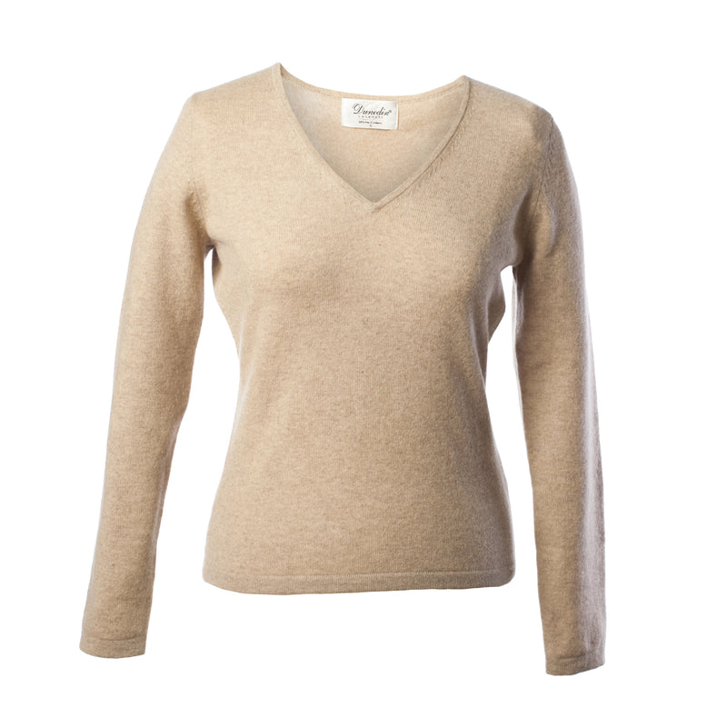 Dunedin Cashmere Women’s 100% Cashmere V-Neck Jumper – Sand Beige