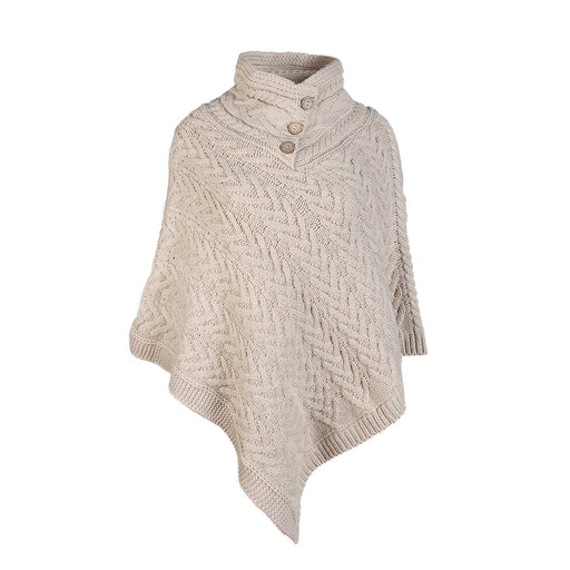 Aran Cable Button Shawl Neck Poncho - Heritage Of Scotland - OATMEAL