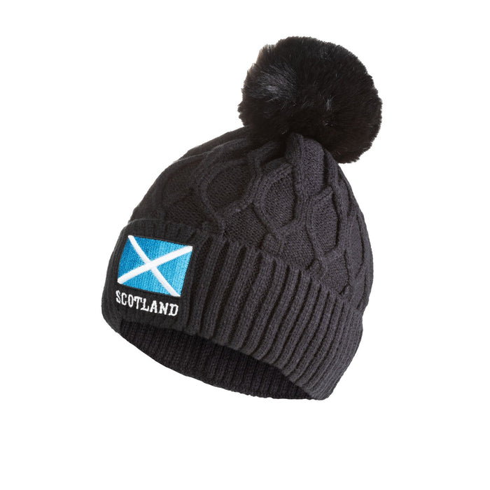 Cable Knit Bobble Hat Flag Logo - Heritage Of Scotland - BLACK