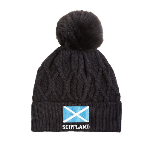 Cable Knit Bobble Hat Flag Logo - Heritage Of Scotland - BLACK