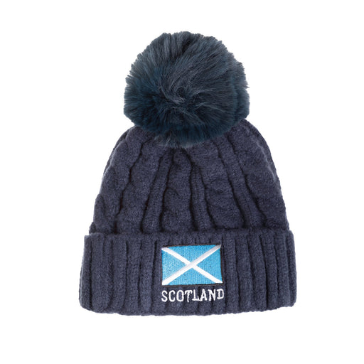 Cable Knit Bobble Hat Flag Logo - Heritage Of Scotland - NAVY