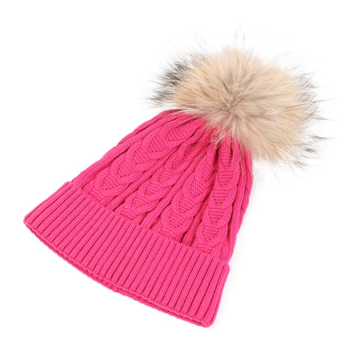 Cable Pom Hat Ft Raspberry/Natural - Heritage Of Scotland - RASPBERRY/NATURAL