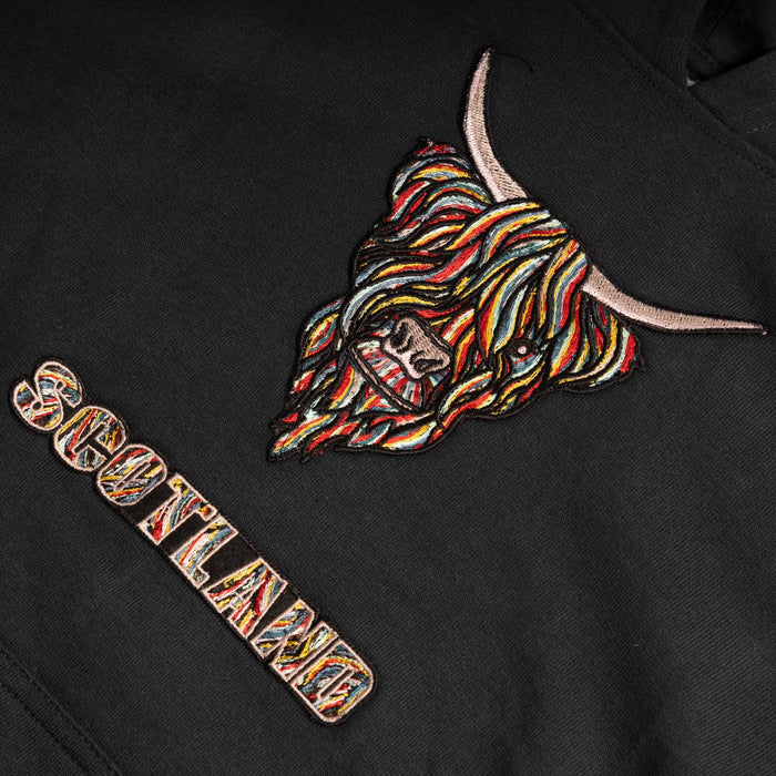Colourful Highland Cow Embroidered Hood - Heritage Of Scotland - BLACK