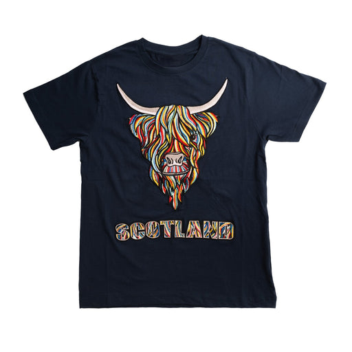 Colourful Highland Cow Embroidery Tshirt - Heritage Of Scotland - NAVY