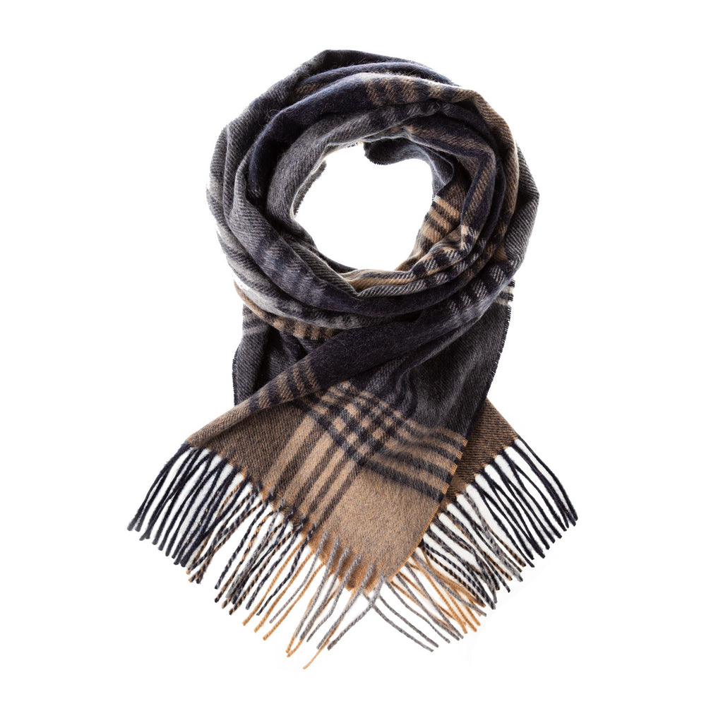 Edinburgh 100% Cashmere Wide Scarf BROKEN CHECK NAVY/CAMEL