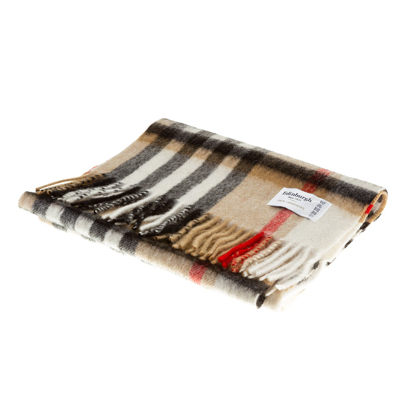 Edinburgh 100% Lambswool Scarf Chequer Camel And Grey (24538) - Heritage Of Scotland - CHEQUER CAMEL AND GREY (24538)