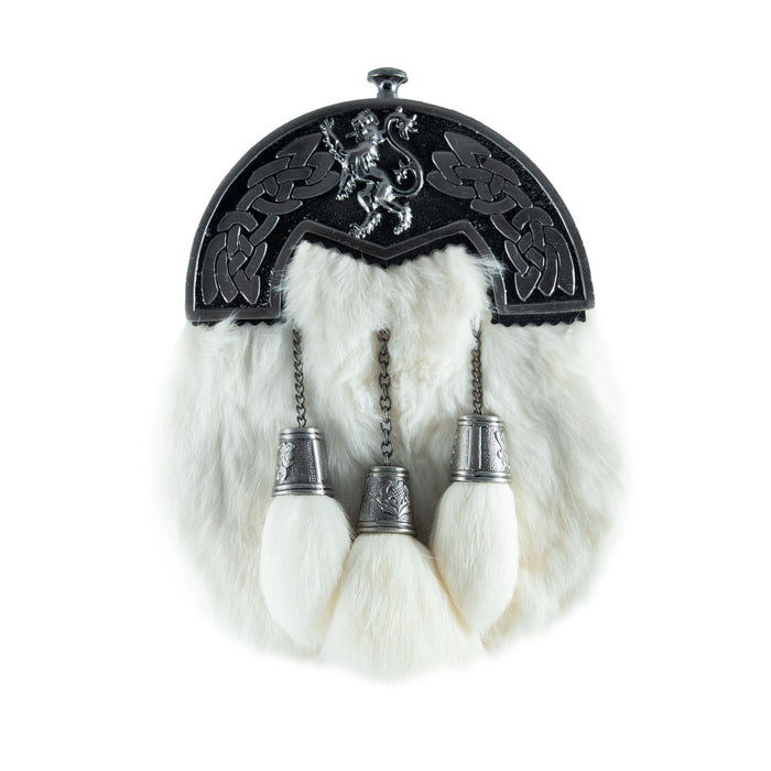 Full Dress Sporran Lion Celtic Cantle Rabbit Fur - Heritage Of Scotland - RABBIT FUR (WHITE) / ANTIQUE FINISH