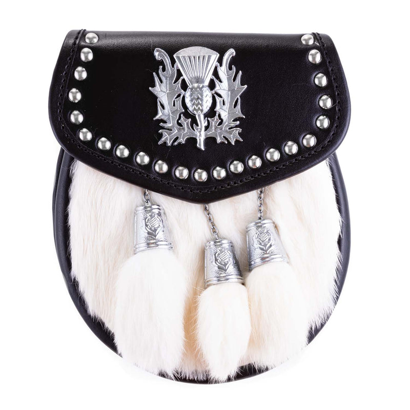 H/D Thistle Embossed Studs Sporran Rabbit Fur - Heritage Of Scotland - RABBIT FUR (WHITE)