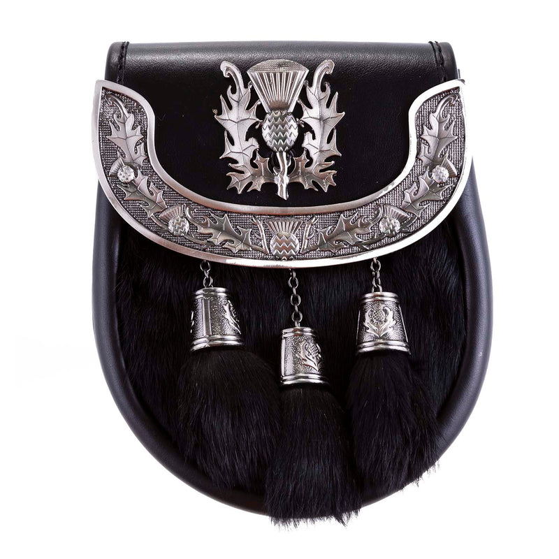 H/D Thistle Plate Sporran Rabbit Fur - Heritage Of Scotland - RABBIT FUR (BLACK)