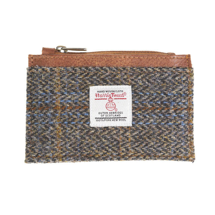 Ht Leather Coin Purse With Card Holder Blue & Brown Check Hb / Tan - Heritage Of Scotland - BLUE & BROWN CHECK HB / TAN