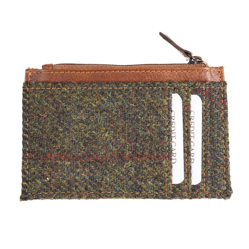 Ht Leather Coin Purse With Card Holder Dark Green Check / Tan - Heritage Of Scotland - DARK GREEN CHECK / TAN