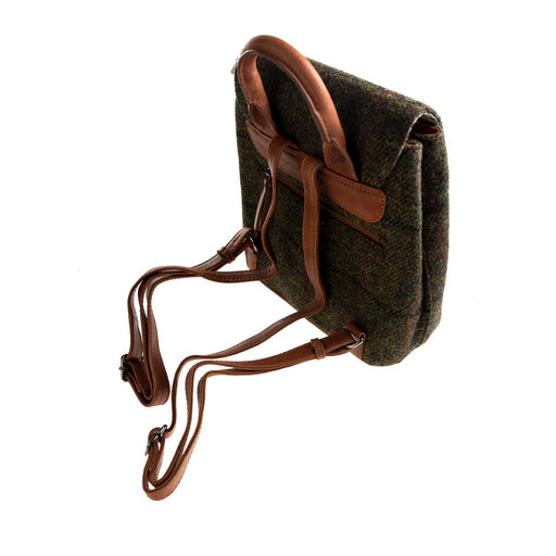 Ht Leather Flapover Backpack Dark Green Check / Tan - Heritage Of Scotland - DARK GREEN CHECK / TAN