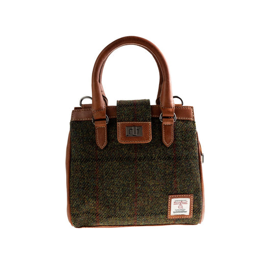 Ht Leather Hand Bag With Flap Closer Dark Green Check / Tan - Heritage Of Scotland - DARK GREEN CHECK / TAN