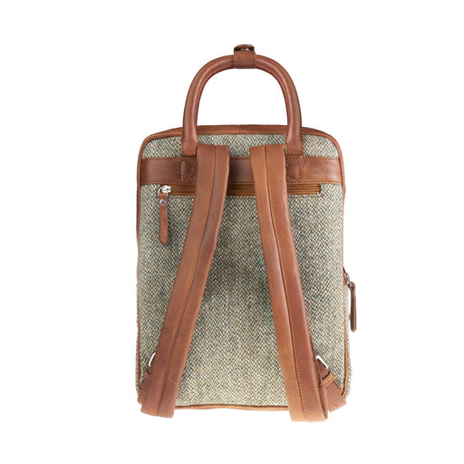 Ht Leather Large Backpack Green & White Barleycorn / Tan - Heritage Of Scotland - GREEN & WHITE BARLEYCORN / TAN