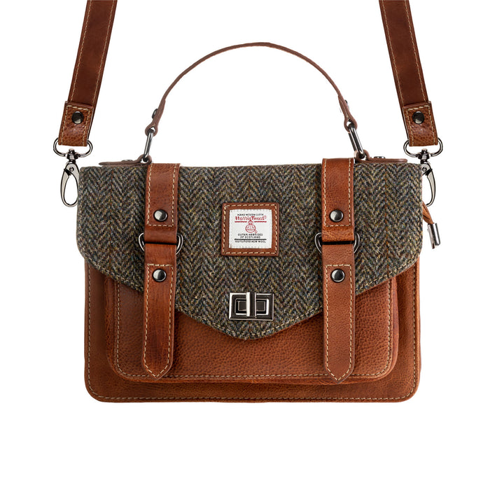 Ht Leather Satchel Bag Brown Herringbone / Tan - Heritage Of Scotland - BROWN HERRINGBONE / TAN