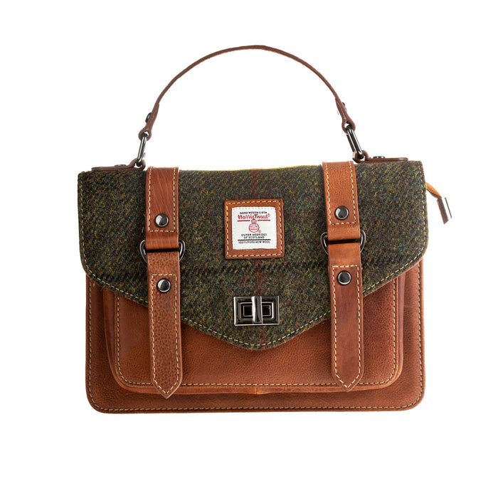 Ht Leather Satchel Bag Dark Green Check / Tan - Heritage Of Scotland - DARK GREEN CHECK / TAN