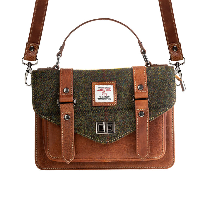 Ht Leather Satchel Bag Dark Green Check / Tan - Heritage Of Scotland - DARK GREEN CHECK / TAN