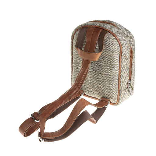 Ht Leather Small Backpack Green & White Barleycorn / Tan - Heritage Of Scotland - GREEN & WHITE BARLEYCORN / TAN