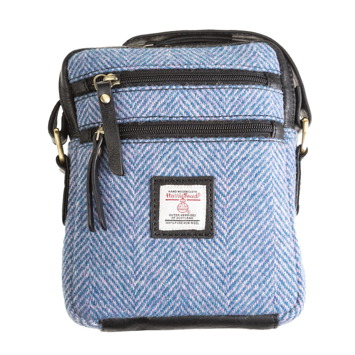 Ht Leather Small Ladies Cross Body Bag Blue & Pink Herringbone / Black - Heritage Of Scotland - BLUE & PINK HERRINGBONE / BLACK