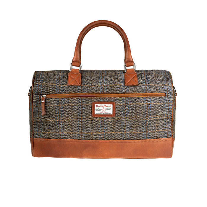 Ht Leather Weekender Bag Blue & Brown Check Hb / Tan - Heritage Of Scotland - BLUE & BROWN CHECK HB / TAN