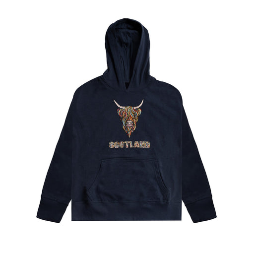 Kids Colourful Highland Cow Emb Hoodie - Heritage Of Scotland - NAVY