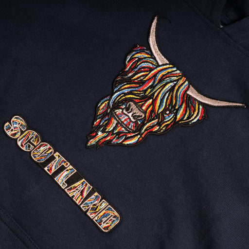 Kids Colourful Highland Cow Emb Hoodie - Heritage Of Scotland - NAVY