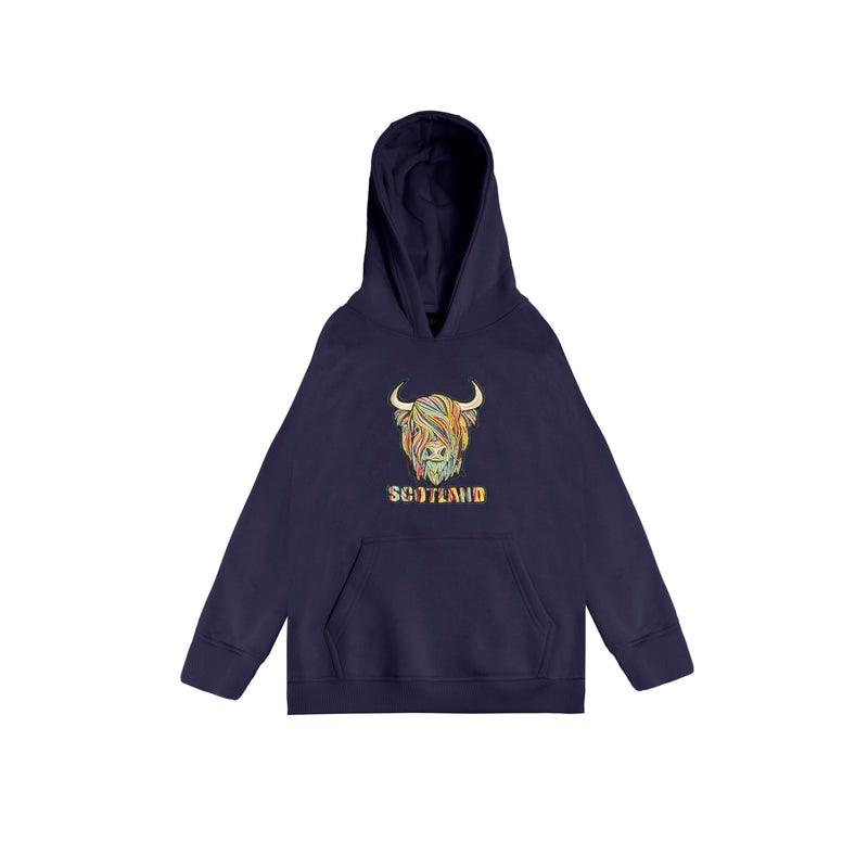 Kids Pastel Highland Cow Hooded Top Navy - Heritage Of Scotland - NAVY