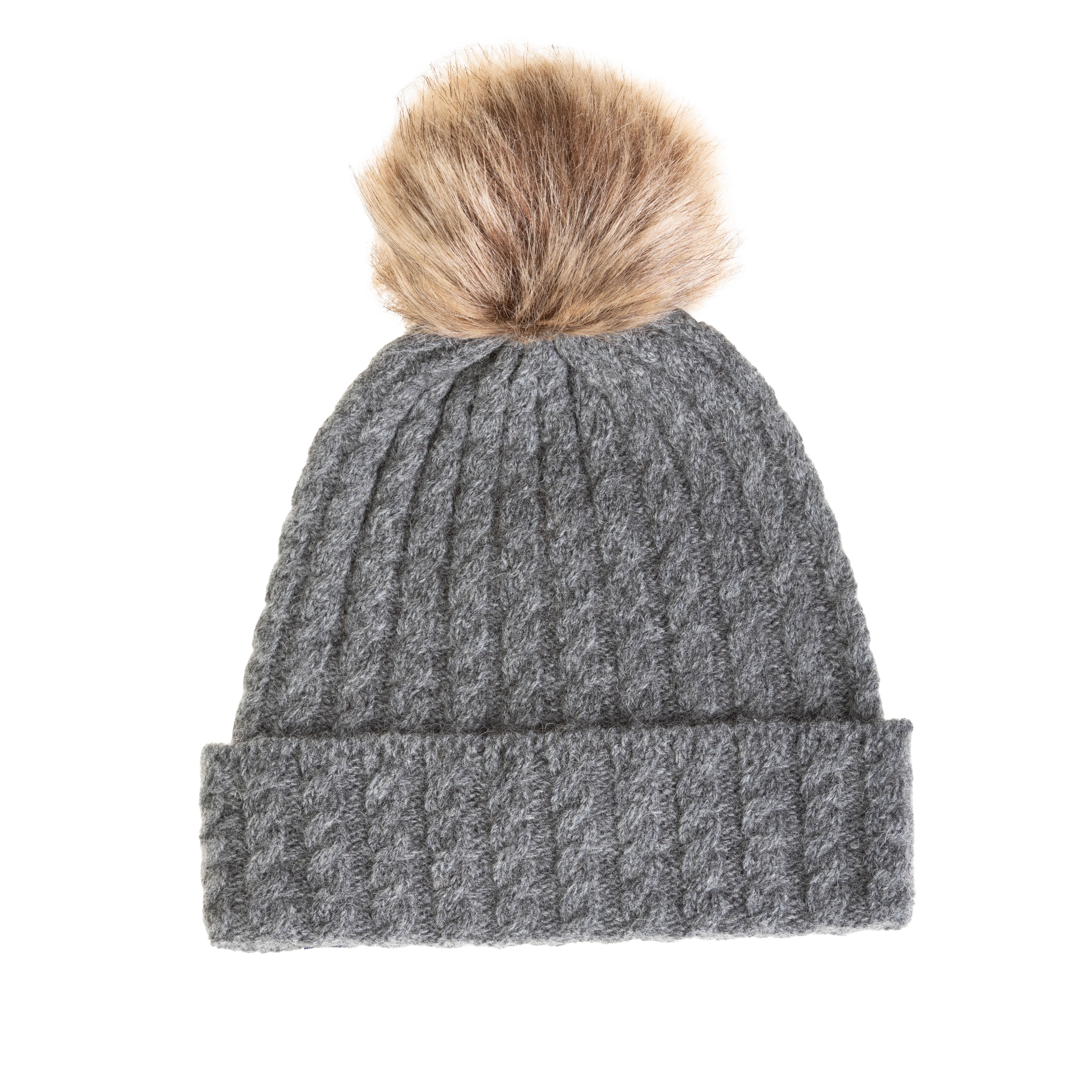 Ladies Cable Lambswool Mix Beanie Pom Charcoal - Heritage Of Scotland - CHARCOAL