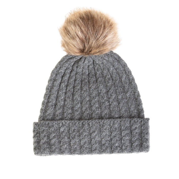 Ladies Cable Lambswool Mix Beanie Pom Charcoal - Heritage Of Scotland - CHARCOAL