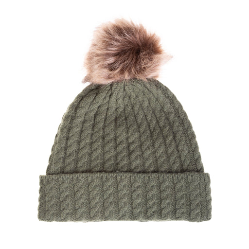 Ladies Cable Lambswool Mix Beanie Pom Olive - Heritage Of Scotland - OLIVE