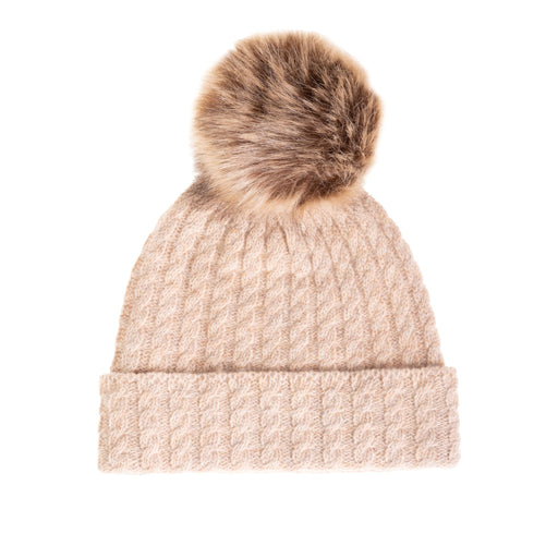 Ladies Cable Lambswool Mix Beanie Pom Sand - Heritage Of Scotland - SAND