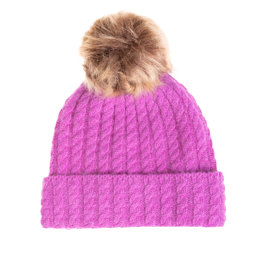 Ladies Cable Lambswool Mix Beanie Pom Violet - Heritage Of Scotland - VIOLET