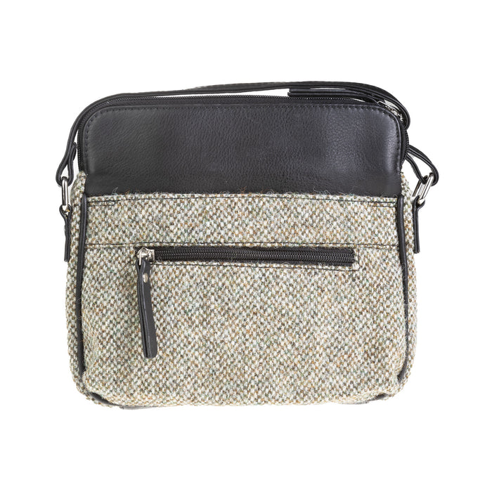 Ladies Ht Leather Cross Body Bag Green & White Barleycorn / Black - Heritage Of Scotland - GREEN & WHITE BARLEYCORN / BLACK