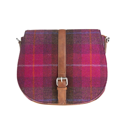 Ladies Ht Leather Flap Over Bag Cerise Check / Tan - Heritage Of Scotland - CERISE CHECK / TAN