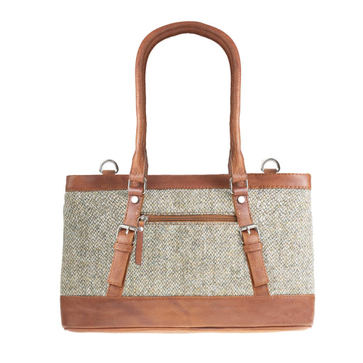 Ladies Ht Leather Hand Bag Green & White Barleycorn / Tan - Heritage Of Scotland - GREEN & WHITE BARLEYCORN / TAN