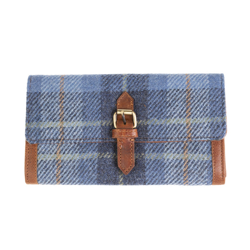 Ladies Ht Leather Long Purse Blue Check / Tan - Heritage Of Scotland - BLUE CHECK / TAN