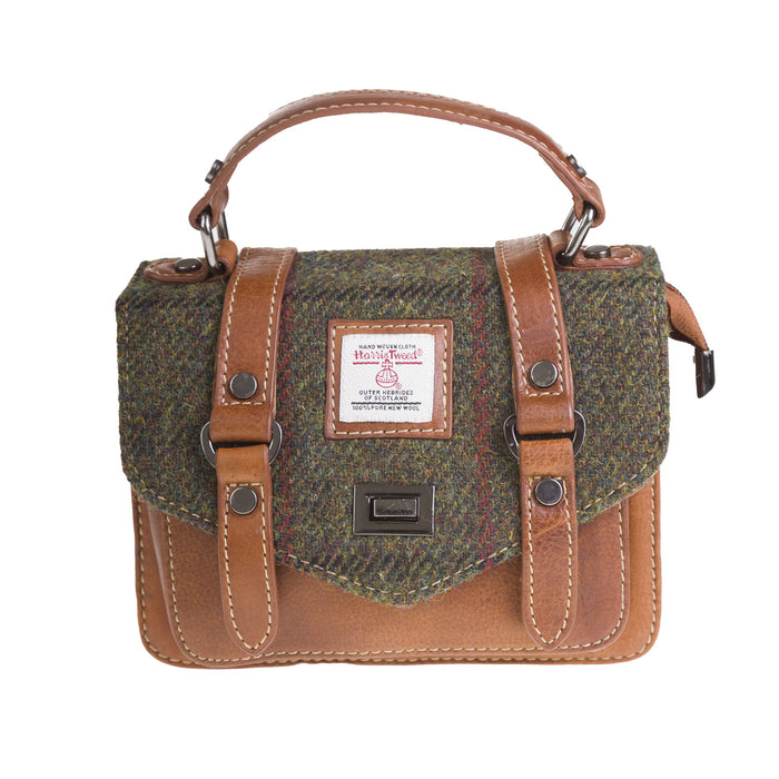 Ladies Ht Leather Mini Satchel Dark Green Check / Tan - Heritage Of Scotland - DARK GREEN CHECK / TAN