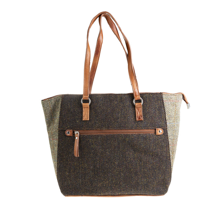 Ladies Ht Leather Tote Bag Dk Brn Barleycorn W. Lt Brn Chk / Tan - Heritage Of Scotland - DK BRN BARLEYCORN W. LT BRN CHK / TAN