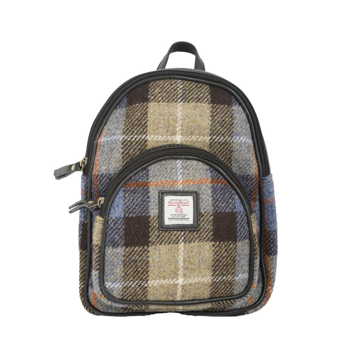 Ladies Ht Leather Zipped Backpack Blue & Brown Check / Black - Heritage Of Scotland - BLUE & BROWN CHECK / BLACK