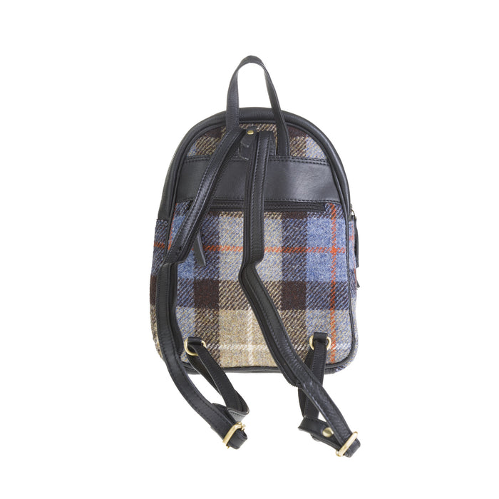 Ladies Ht Leather Zipped Backpack Blue & Brown Check / Black - Heritage Of Scotland - BLUE & BROWN CHECK / BLACK