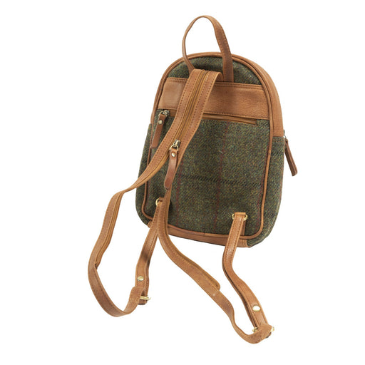 Ladies Ht Leather Zipped Backpack Dark Green Check / Tan - Heritage Of Scotland - DARK GREEN CHECK / TAN