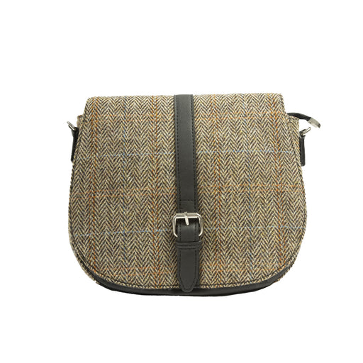 Ladies Ht Vegan Leather Flap Over Bag Tan & Brown Herringbone / Black - Heritage Of Scotland - TAN & BROWN HERRINGBONE / BLACK