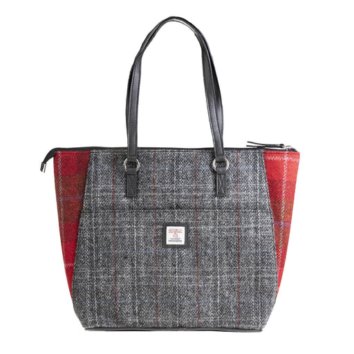 Ladies Ht Vegan Leather Tote Bag Grey/Red Chk W. Red Chk A / Black - Heritage Of Scotland - GREY/RED CHK W. RED CHK A / BLACK