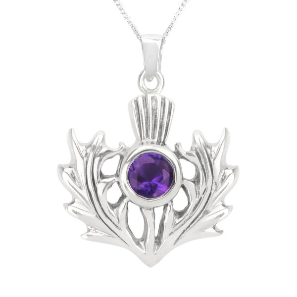 Scottish Thistle Silver Pendant With Amethyst Colour Stone - Heritage Of Scotland - AMETHYST