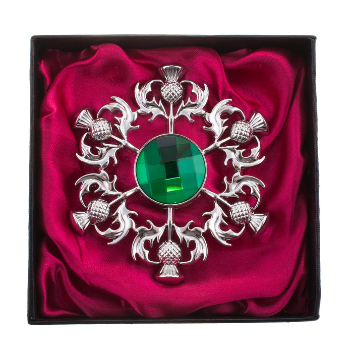 Thistle Brooch With Square Pattern Stone Green - Heritage Of Scotland - GREEN