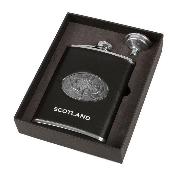 Thistle Emblem 8Oz Flask/Funnel Box Set - Heritage Of Scotland - BLACK