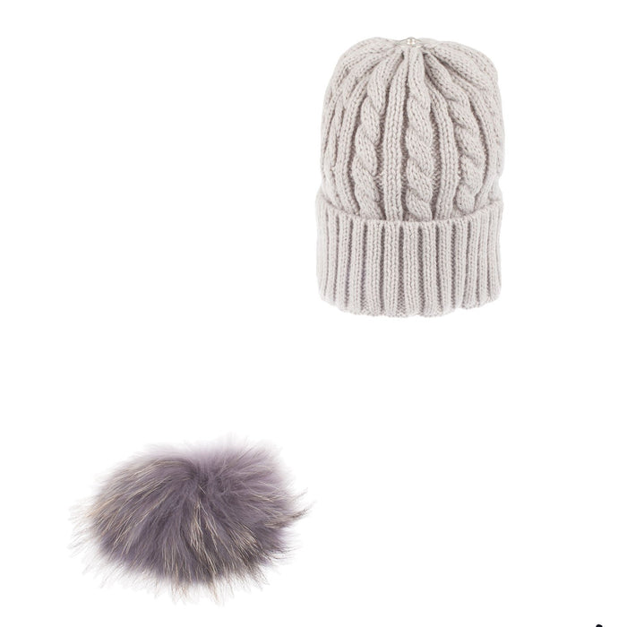 Women's Cable Pom Pom Hat Light Grey/Grey - Heritage Of Scotland - LIGHT GREY/GREY